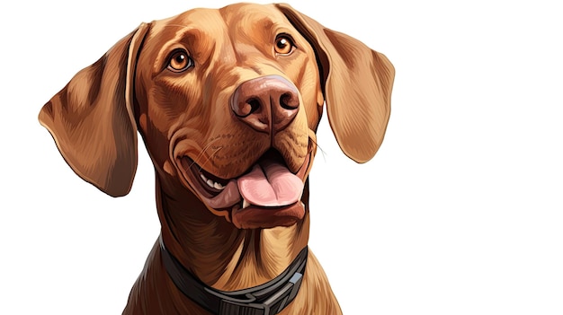 Alegre personaje de dibujos animados de Vizsla sobre un fondo blanco prístino