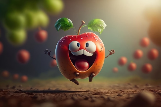 Alegre personaje de manzana riendo en el fondo del mundo de fantasía Creado Generativa ai