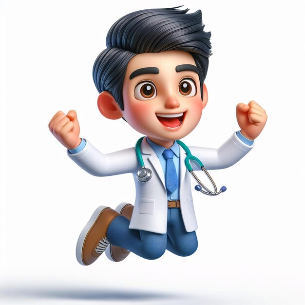 Alegre personaje médico 3D salta feliz diseño de dibujos animados colores vivos exagerados