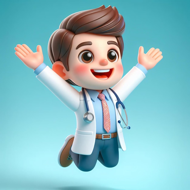Alegre personaje médico 3D salta felizmente animación de dibujos animados colores vibrantes características exageradas