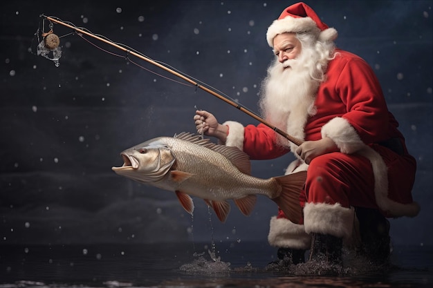 El alegre pescador Papá Noel enrolla una carpa con deleite