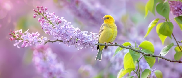 Un alegre pinzón dorado se sienta en medio de las fragantes flores de lavanda de un arbusto de lila añadiendo un toque de color vibrante al sereno paisaje floral