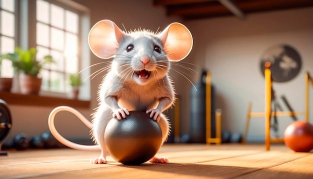 Alegre positivo lindo ratón pequeño jugando deportes en el gimnasio haciendo ejercicio