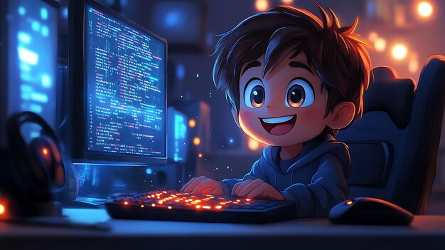 El alegre programador Chibi en la escena nocturna de la computadora