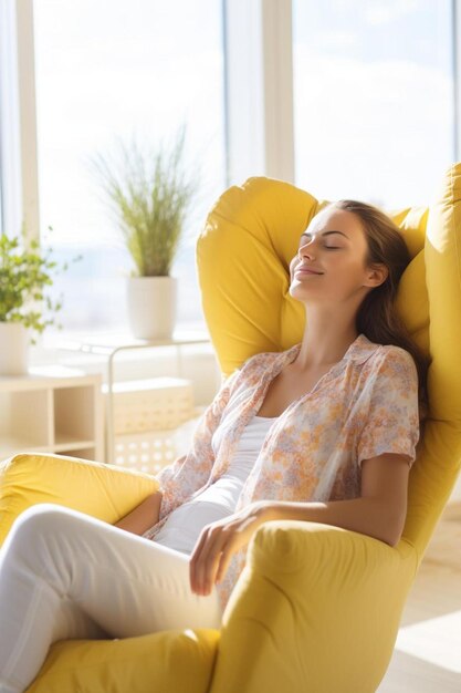 Foto alegre relajada hermosa chica descansando en un cómodo sillón con los ojos cerrados sonrisa pacífica