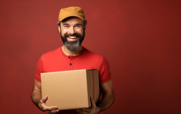 Foto el alegre repartidor con la caja en la mano de la ia