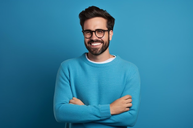 Alegre retrato de homem barbudo sobre fundo azul