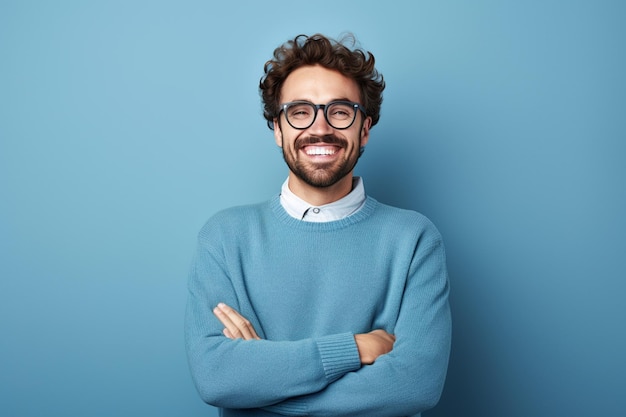 Alegre retrato de hombre barbudo sobre fondo azul.