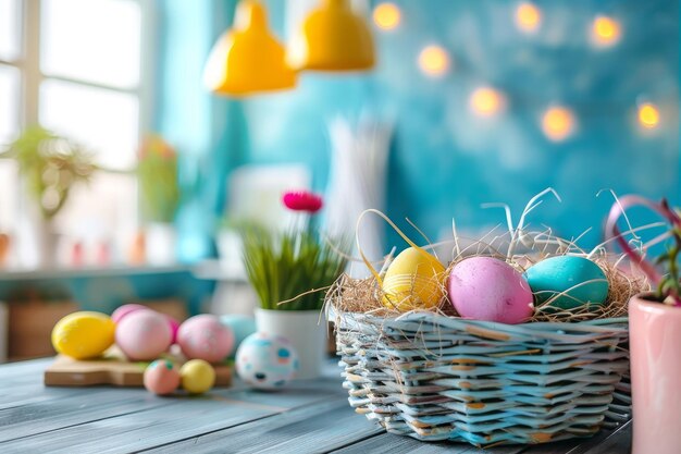 Una alegre reunión de empleados de creatividad se unen para hacer vibrantes decoraciones de Pascua DIY