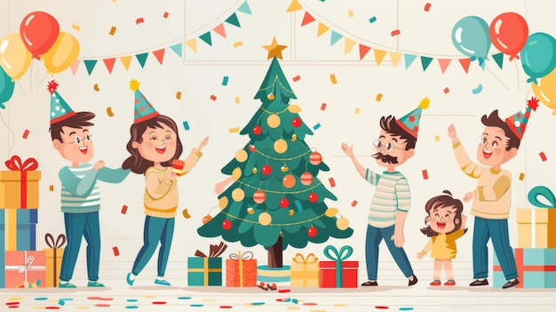 Una alegre reunión familiar en casa celebrando el día de Año Nuevo con sombreros de fiesta, globos y un brillante dibujo animado de árbol de Navidad Vector Illustration Generative AI