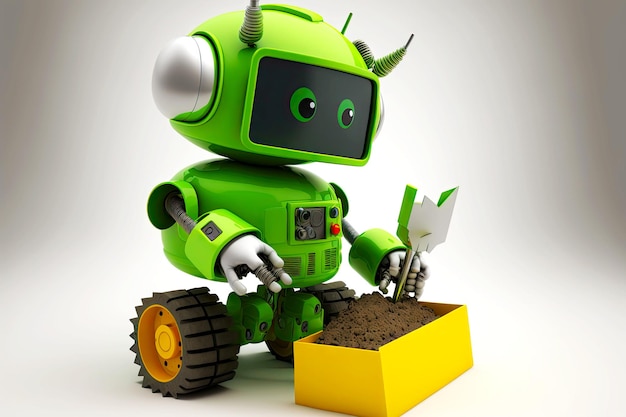 Alegre robot androide ayuda en la construcción con ai generativa de colores verde amarillo