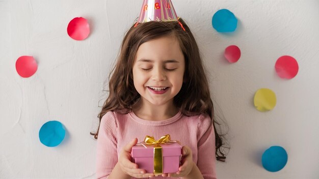 Foto alegre seductora joven chica de cumpleaños esperando recibir un regalo impresionante ojos cerrados con la palma