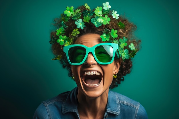 Foto alegre senhora caucasiana de verde celebrando são patrício