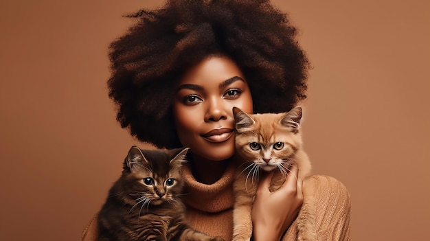 Foto alegre senhora de pele escura com penteado afro carrega dois gatinhos