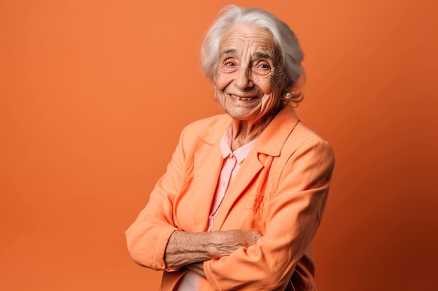 Foto alegre sênior sorrindo em fundo colorido ia generativa