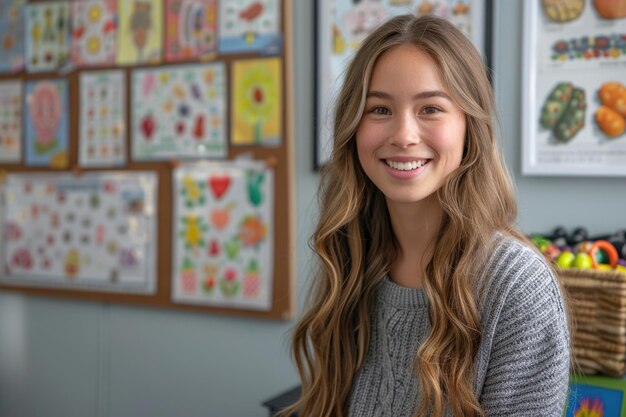 Foto un alegre terapeuta pediátrico de cabello largo y ondulado está de pie en una colorida sala adornada con carteles educativos