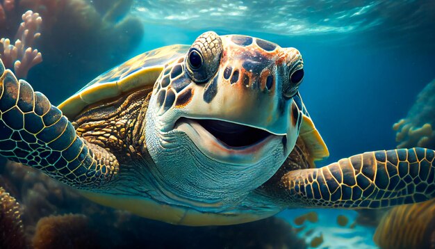 Foto alegre tortuga marina sonriente nadando bajo el agua ia generativa