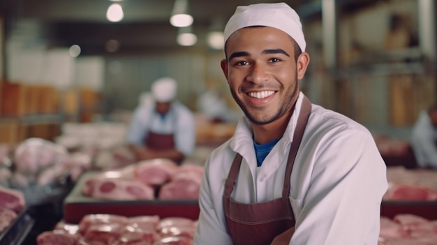 Una alegre trabajadora de la industria cárnica se encuentra en las instalaciones mientras carga carne en un paquete IA generativa