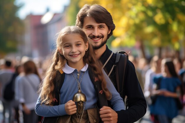 La alegre tradición revelada Estudiante de secundaria lleva a la niña con campana en los hombros durante Ucrania