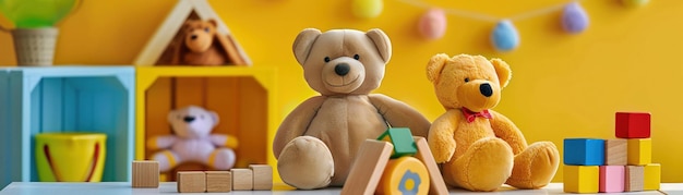 Una alegre variedad de juguetes para niños, incluidos osos de peluche y bloques de madera