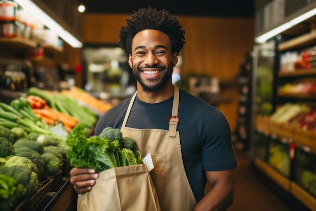 Alegre vendedor afroamericano hombre trabajando en tienda de verduras