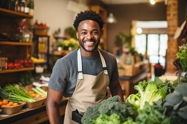 Alegre vendedor afroamericano hombre trabajando en una tienda de verduras