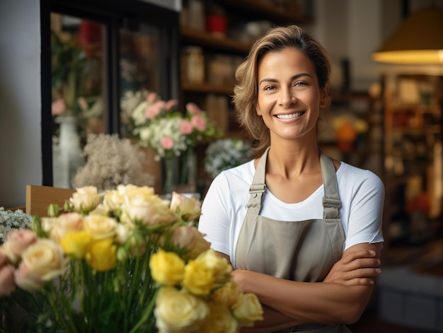 La alegre vendedora madura está esperando a los clientes de su floristería Generative Ai