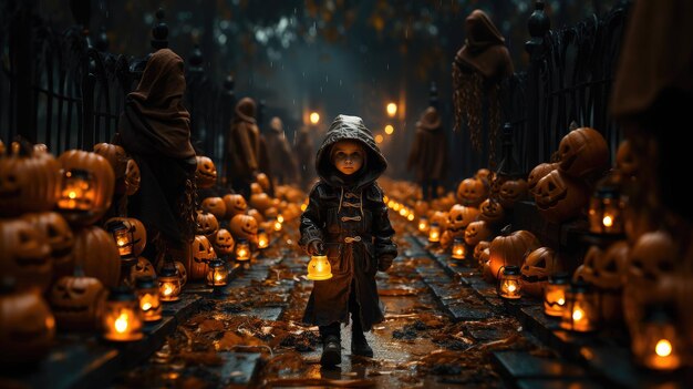 el alegre viaje de un niño entre las calabazas y linternas brillantes de halloween