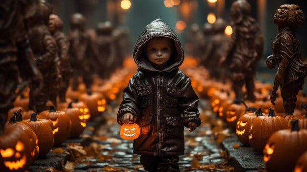 el alegre viaje de un niño entre las calabazas y linternas brillantes de halloween