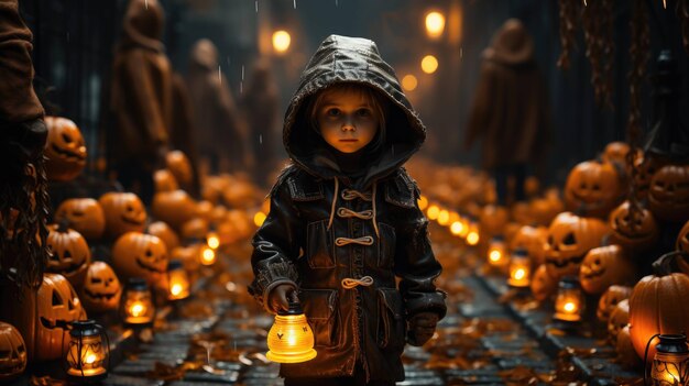 el alegre viaje de un niño entre las calabazas y linternas brillantes de halloween