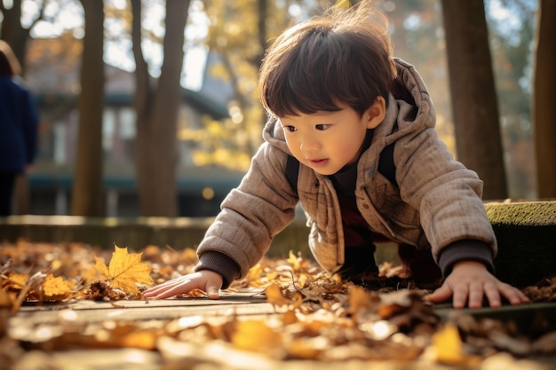 El alegre viaje de un niño sumergido en el país de las maravillas del otoño