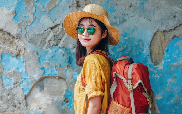 Alegre viajero asiático listo para aventuras en la playa Radiante joven viajero de Asia abraza la diversión en la playa