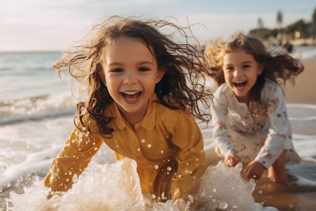 Alegres adoráveis meninas se divertindo com água na praia