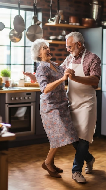 Alegres ancianos canosos disfrutando de bailar tango después de cocinar la cena en la cocina