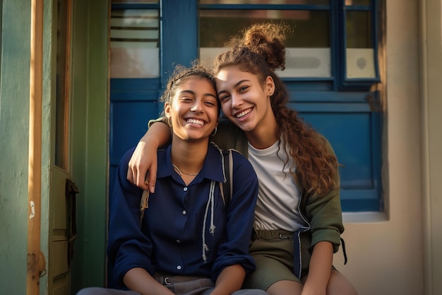 Alegres compañeras de escuela Dos adolescentes sentadas juntas