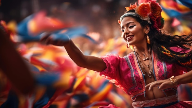 Alegres dançarinos peruanos em trajes Marinera encantam com movimentos dinâmicos