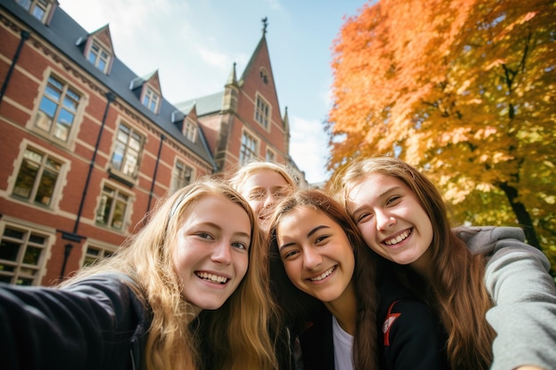 Alegres estudantes multiculturais posando juntos fazendo selfie perto de prédio universitário ao ar livre conceito de educação universitária