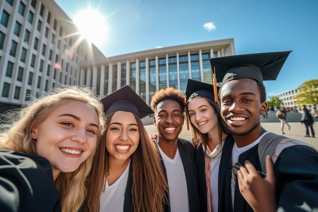 Alegres estudiantes multiculturales posando juntos haciendo selfie cerca del edificio de la universidad al aire libre Concepto de educación universitaria