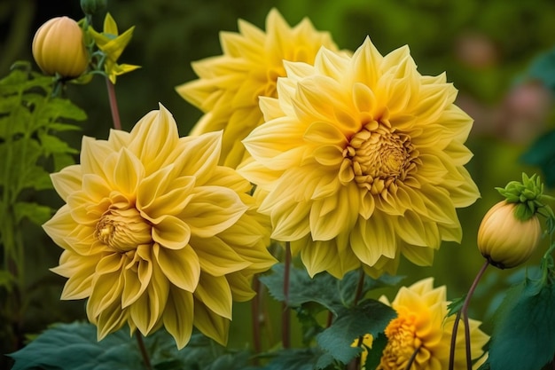 Alegres flores amarillas de una dalia floreciendo en un jardín de otoño