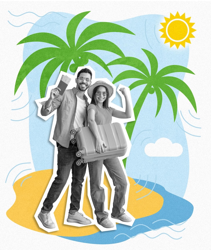 Foto alegres jovens casais multiétnicos turistas com bilhetes de mala e passaporte desfrutam de férias na praia com palmeira