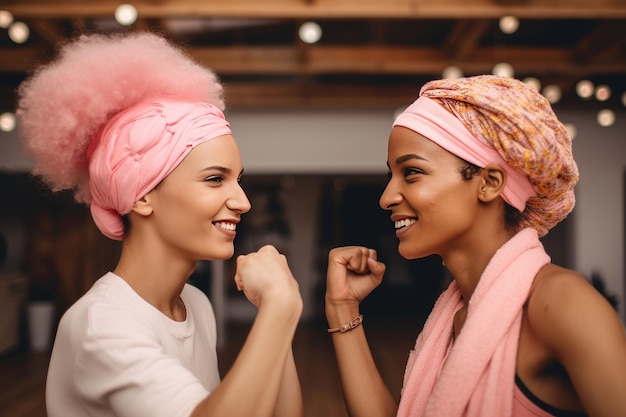 Alegres mujeres multiculturales con cintas rosas en la cabeza que luchan contra el cáncer Supervivientes felices del cáncer IA generativa