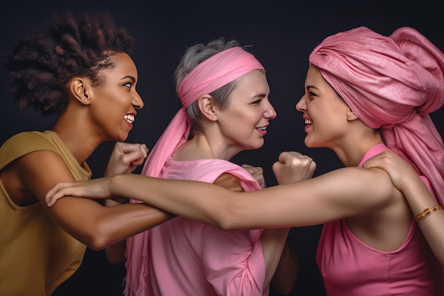 Foto alegres mulheres multiculturais usando tiaras cor-de-rosa lutando contra o câncer felizes sobreviventes do câncer ia generativa