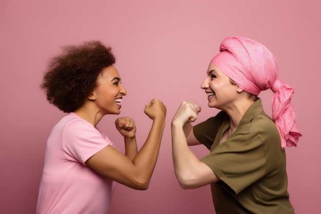 Alegres mulheres multiculturais usando tiaras cor-de-rosa lutando contra o câncer Felizes sobreviventes do câncer IA generativa