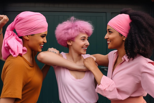 Alegres mulheres multiculturais usando tiaras cor-de-rosa lutando contra o câncer Felizes sobreviventes do câncer IA generativa