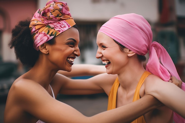Alegres mulheres multiculturais usando tiaras cor-de-rosa lutando contra o câncer Felizes sobreviventes do câncer IA generativa
