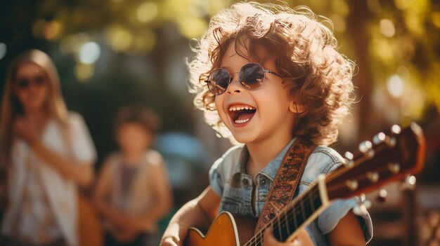 Alegres músicos callejeros actuando en el parque de la ciudad en un día soleado de verano