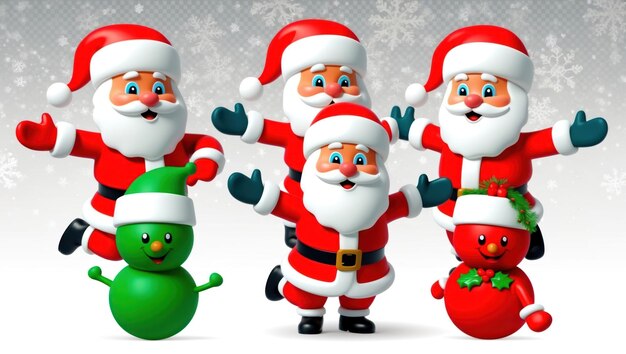 Los alegres personajes de Papá Noel bailan alegremente junto a un árbol de Navidad decorado