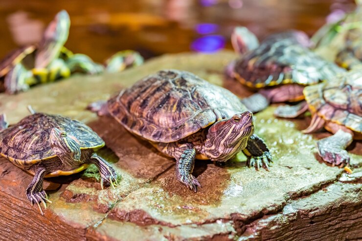 Foto alegres tortugas de orejas rojas bajo el cuidado humano. ayudando a los animales salvajes. el primer plano.