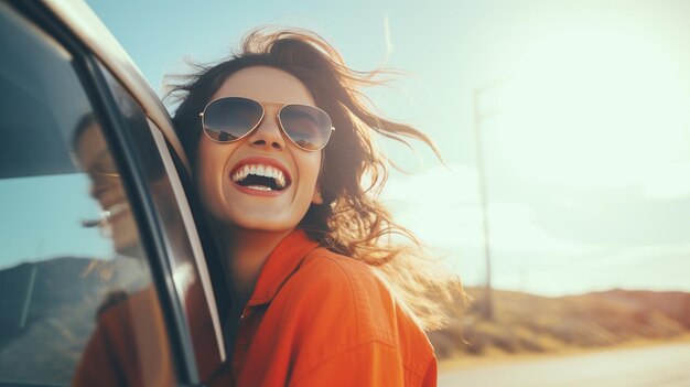 Foto alegria cativante uma beleza morena abraça o vento celebrando a felicidade e o desejo de vagar entre