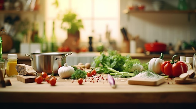 La alegría de cocinar comidas saludables en casa con ingredientes frescos utensilios de cocina y un chef feliz creando un nutritivo
